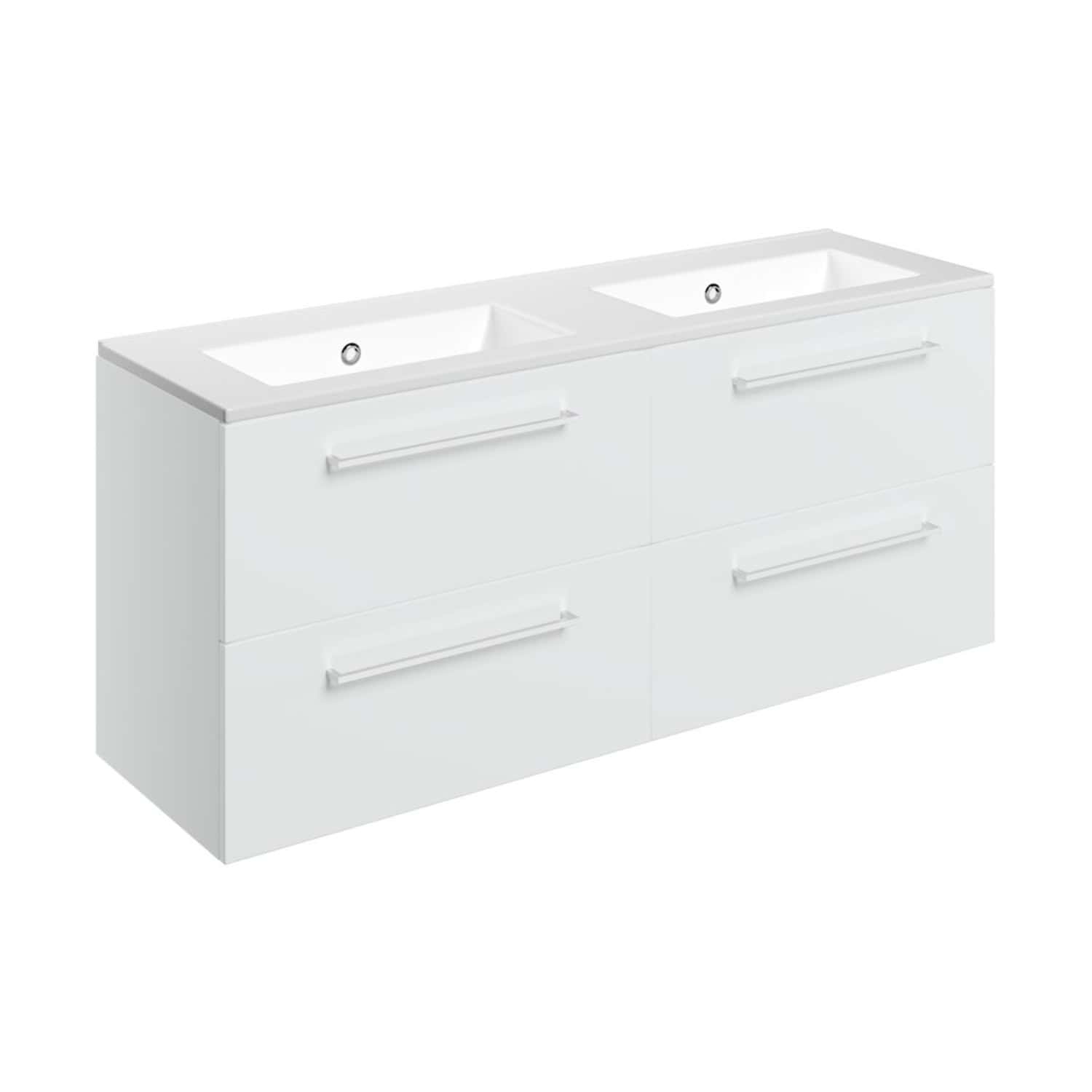 Bright white double bathroom vanity unit with dual sinks, modern design, sleek handles, perfect for contemporary bathrooms, offering ample storage for toilet accessories.
