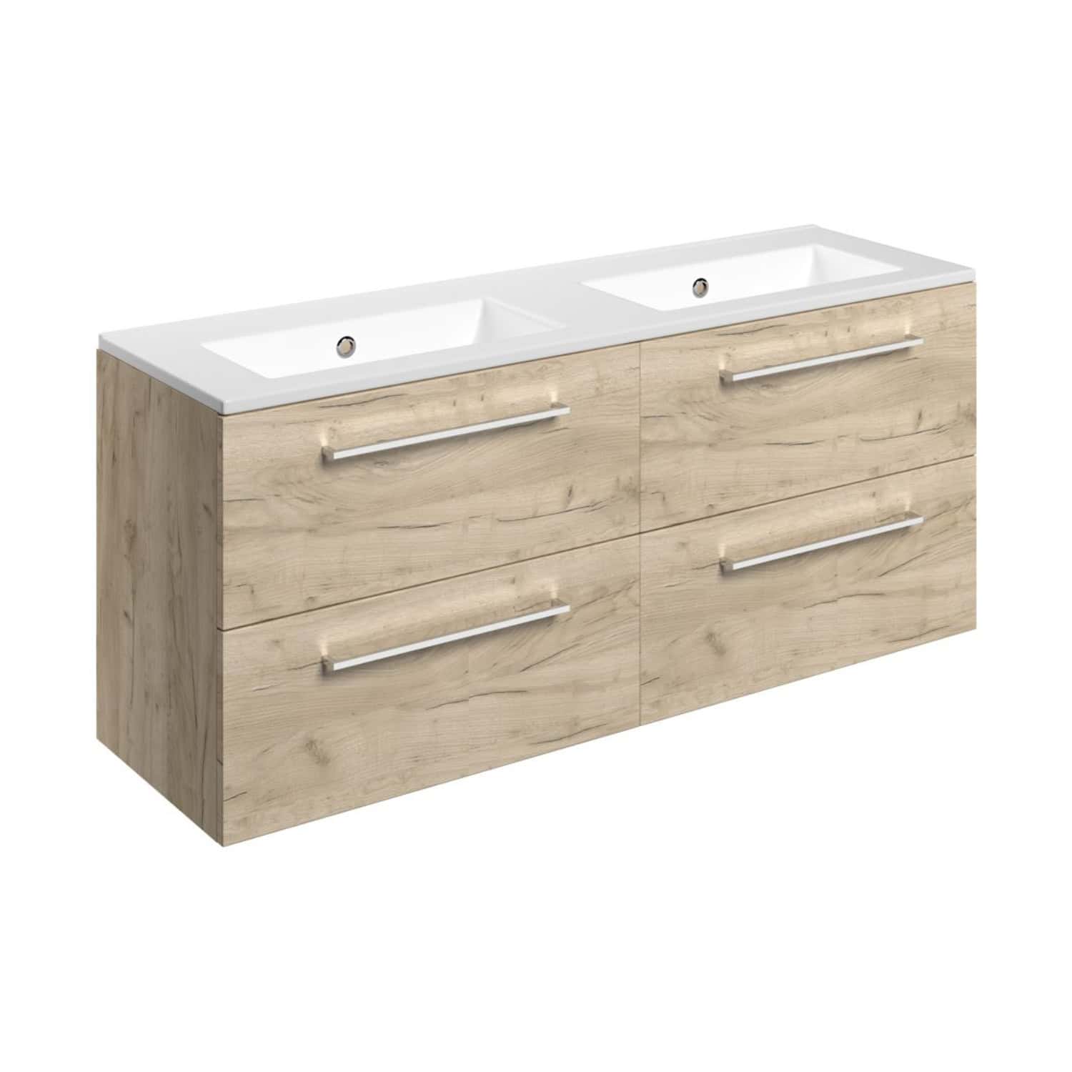 Brighten your bathroom with the Bubly Bathrooms double basin vanity unit featuring a modern wood finish, sleek chrome handles, and durable ceramic sinks for a stylish and functional space.