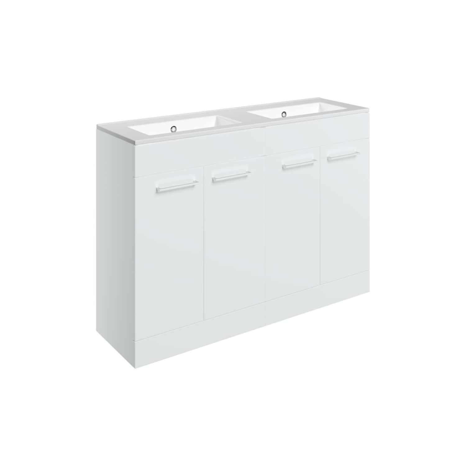 Modern double sink bathroom vanity unit with storage, white finish, sleek handles, perfect for contemporary bathrooms.
