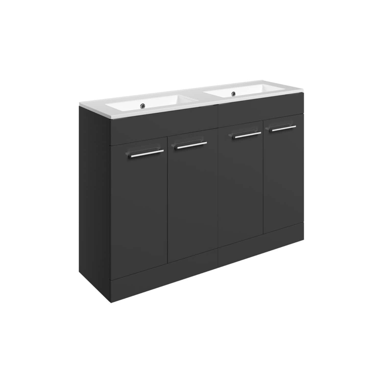 Modern black double bathroom vanity unit with two inset sinks, chrome handles, and ample storage space, ideal for contemporary bathroom design.