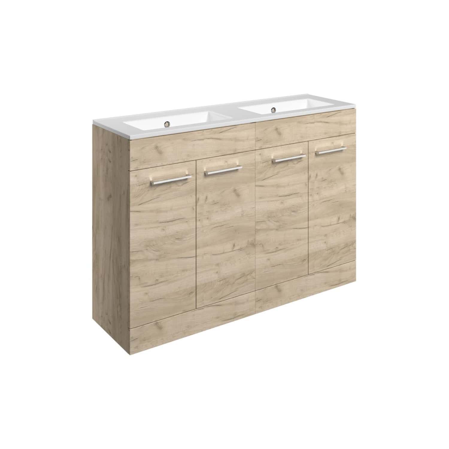 Modern beige wooden double sink bathroom vanity with white porcelain sinks and chrome handles, designed for stylish and functional bathroom storage.