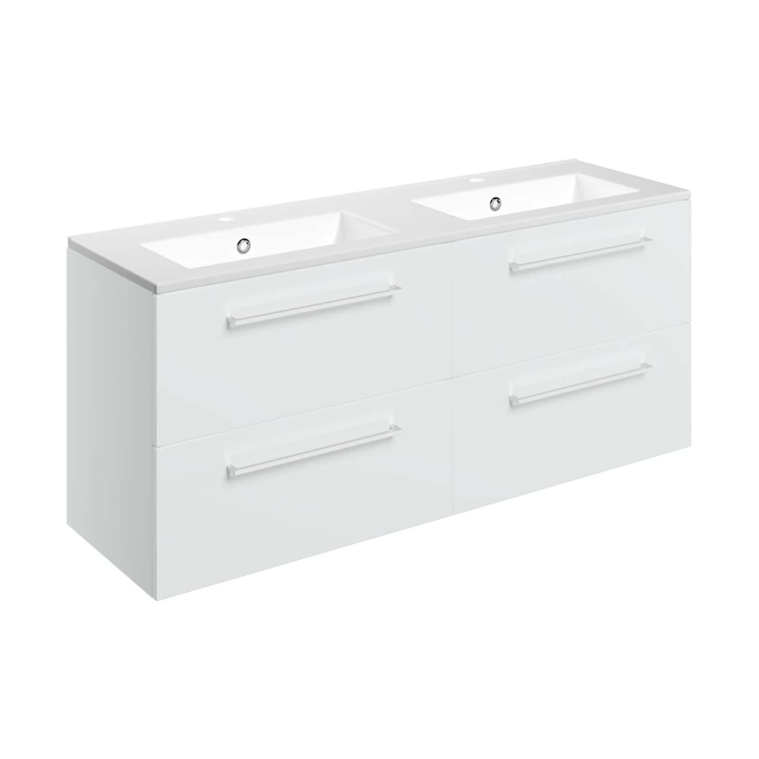 Sleek white double bathroom vanity unit with integrated sinks, modern chrome handles, ideal for contemporary bathrooms, offering ample storage and stylish design.