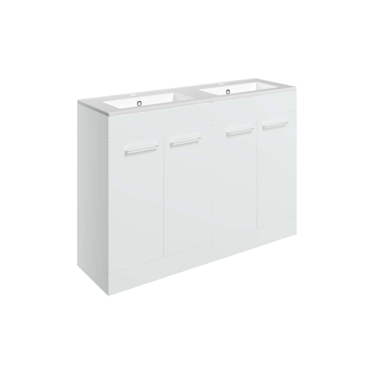 Modern white double sink bathroom vanity unit with storage cabinets, ideal for contemporary bathrooms. Designed for practicality and sleek aesthetics, enhances bathroom organisation and style.