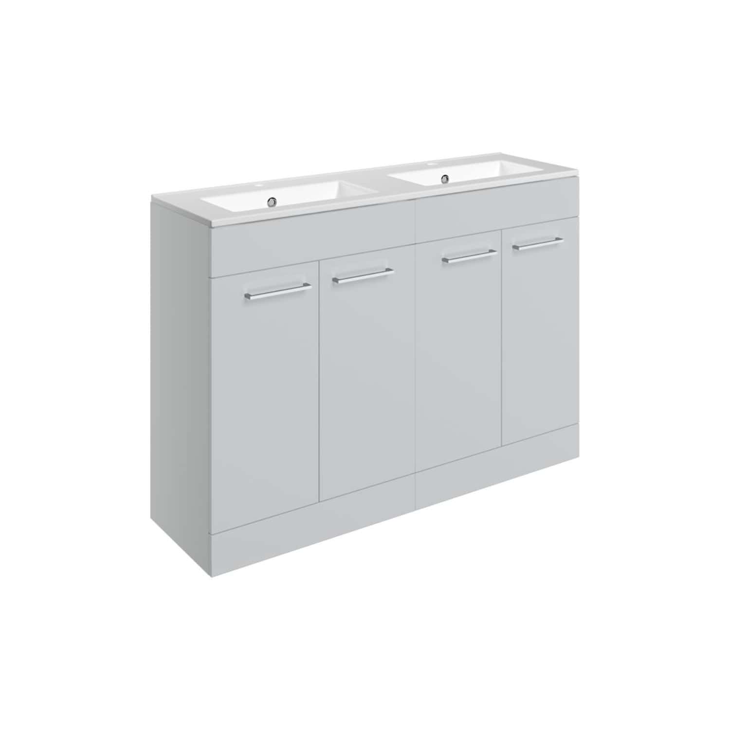Dual sink bathroom vanity unit with storage cabinets, ideal for modern bathrooms, featuring sleek silver handles and a white countertop with two integrated sinks. Perfect for contemporary bathroom design.