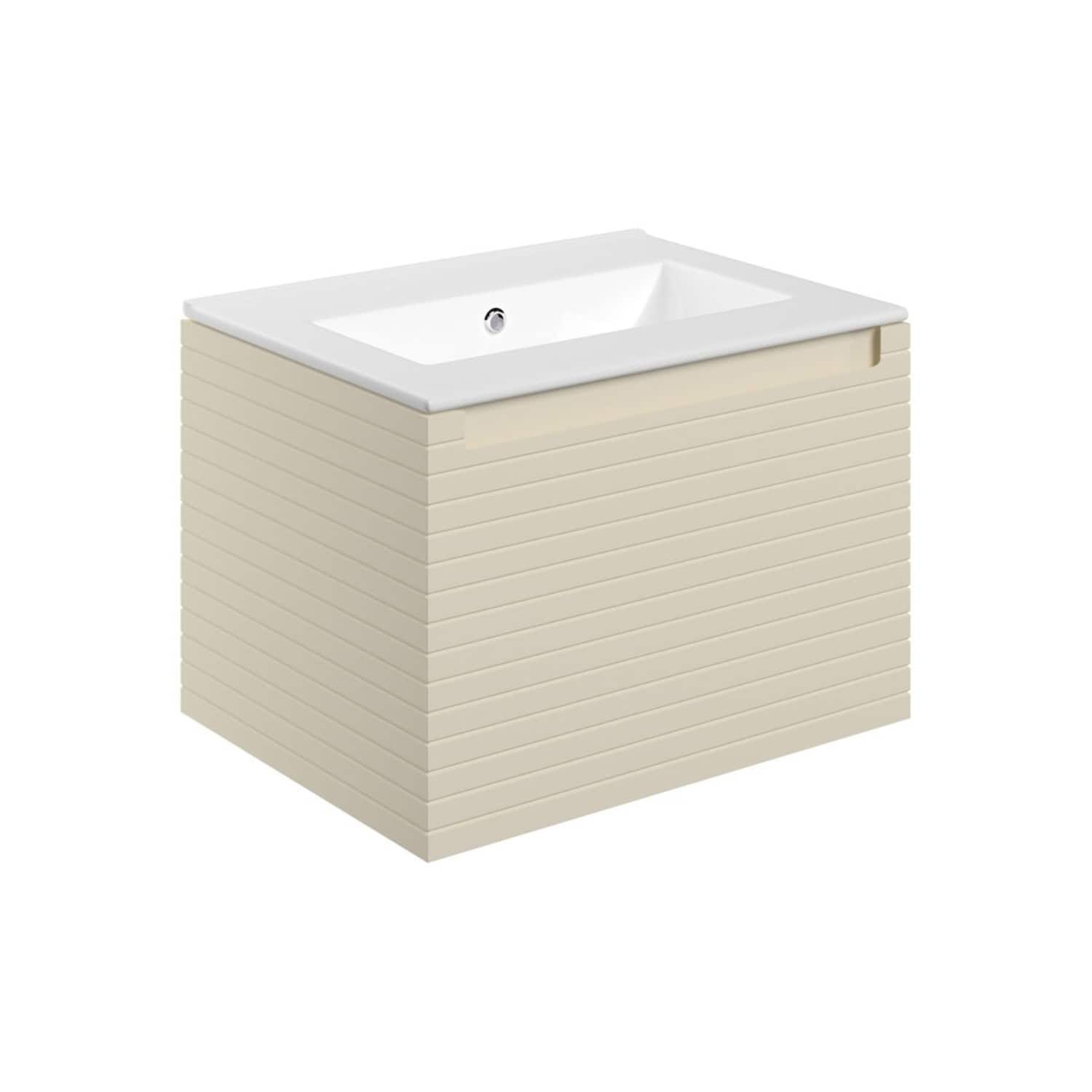 Sleek modern bathroom vanity with a built-in sink, featuring a beige ribbed textured cabinet perfect for contemporary bathroom decor.