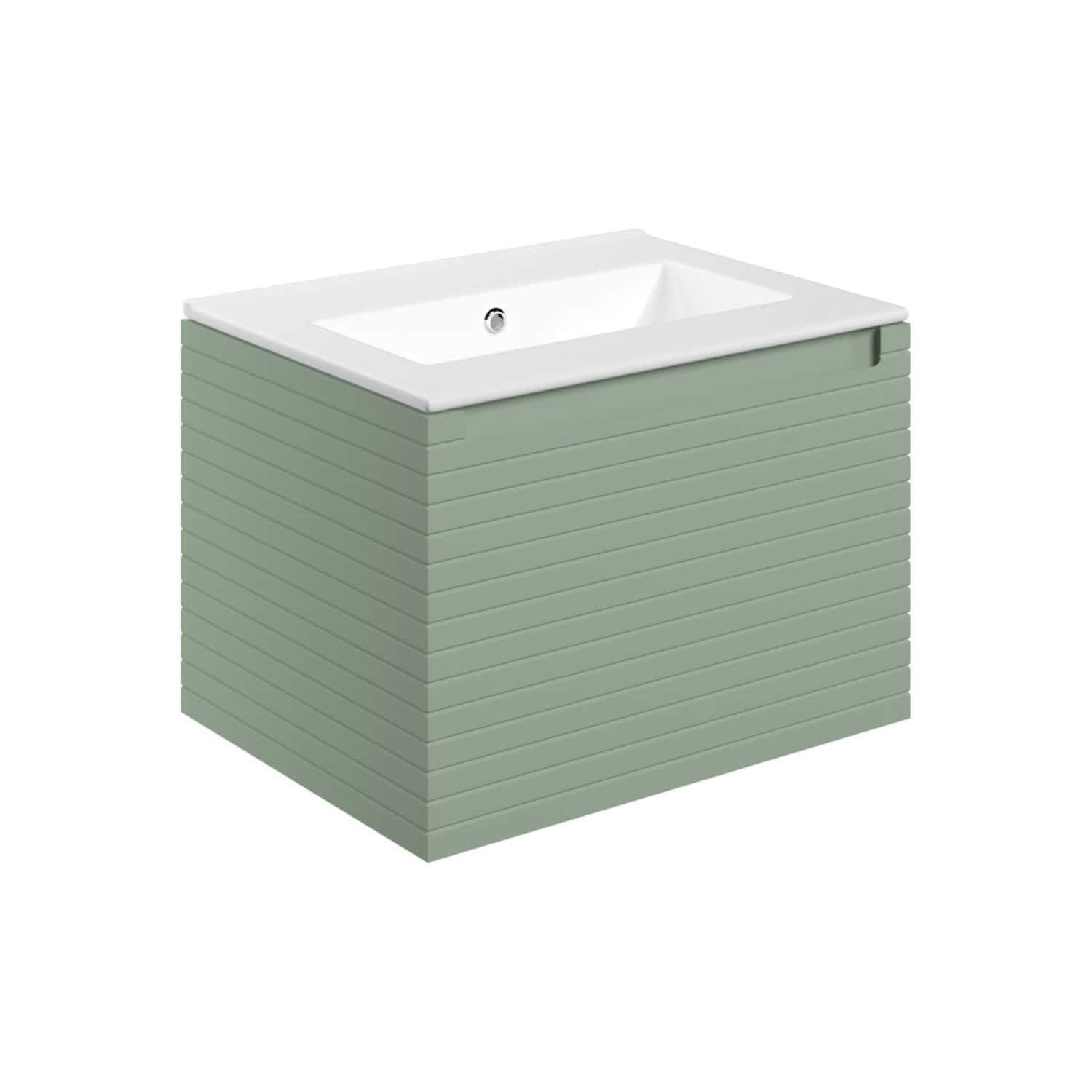 Sleek modern bathroom vanity with a textured green finish and integrated white sink, ideal for contemporary bathroom interiors.