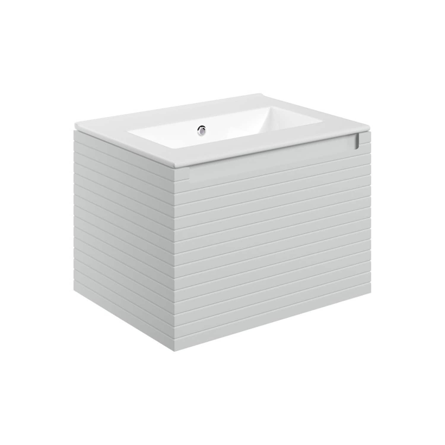 Sleek white bathroom vanity with a modern rectangular sink, featuring a stacked panel design for contemporary bathroom decor, ideal for stylish bathroom renovation.