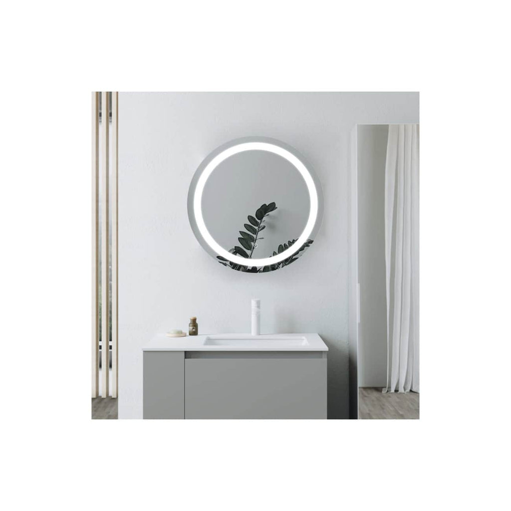 Sleek modern bathroom with illuminated circular mirror, minimalist white sink vanity, and contemporary decor, designed for elegance and functionality in contemporary bathroom spaces.