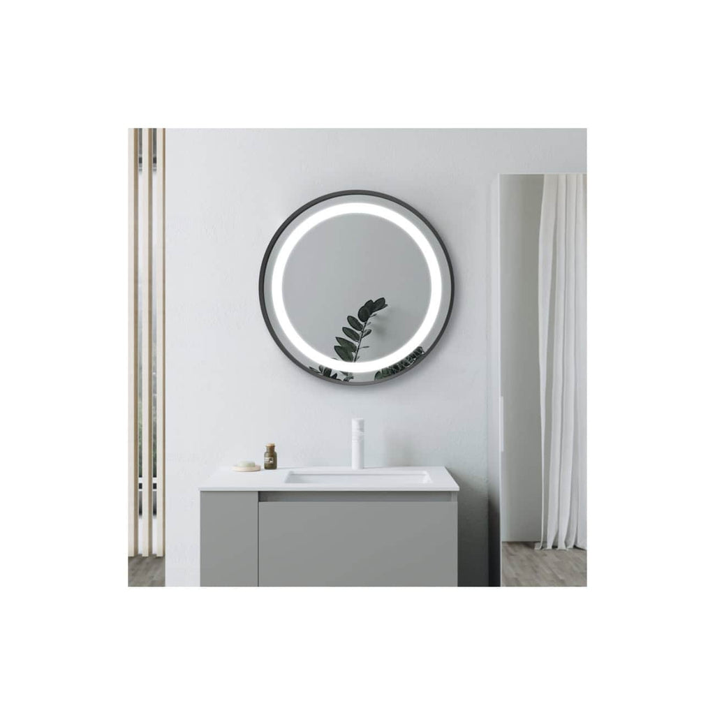 Modern round LED bathroom mirror with built-in lighting over a sleek grey vanity in a contemporary bathroom design. Perfect for stylish, functional bathroom spaces.
