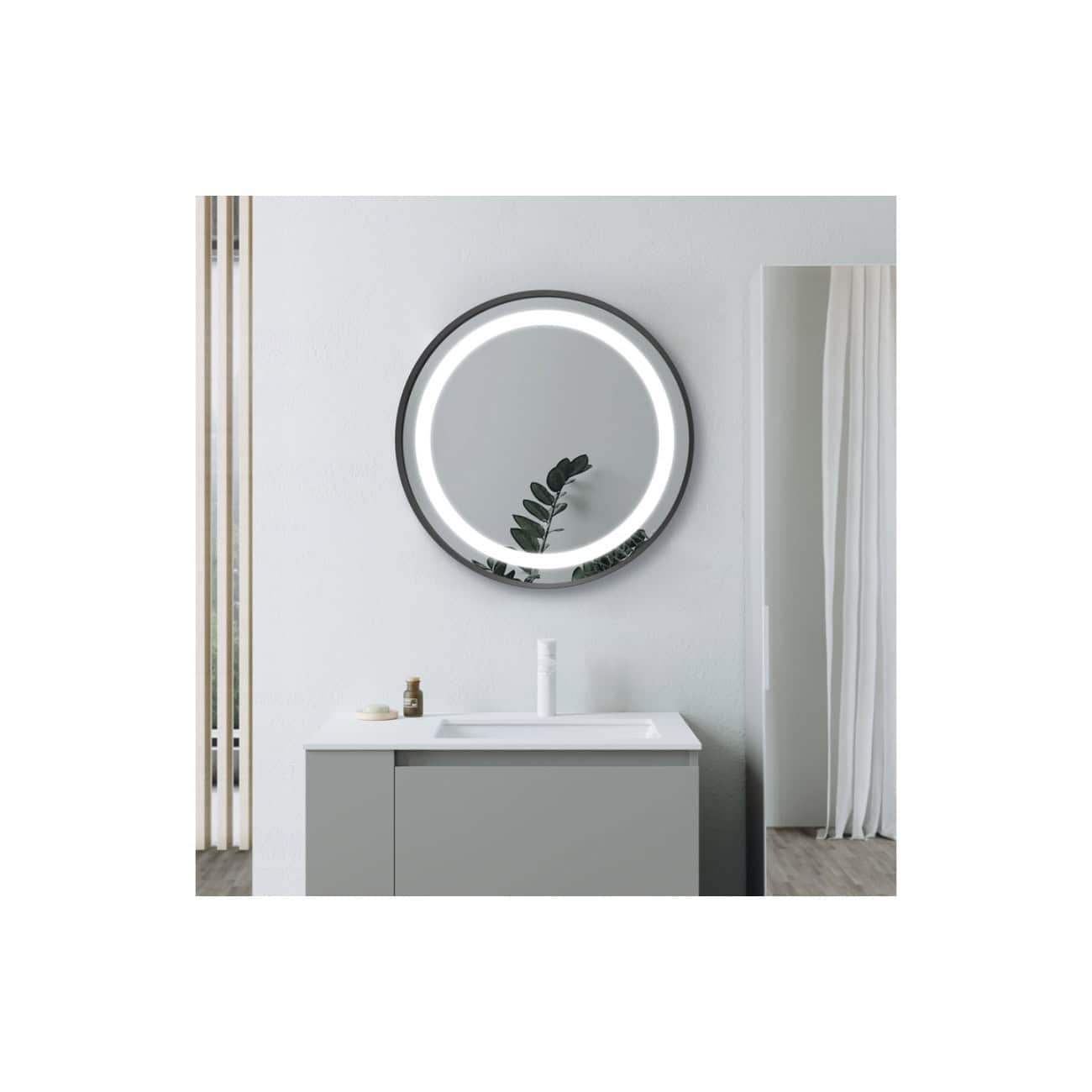 Modern round LED bathroom mirror with built-in lighting over a sleek grey vanity in a contemporary bathroom design. Perfect for stylish, functional bathroom spaces.
