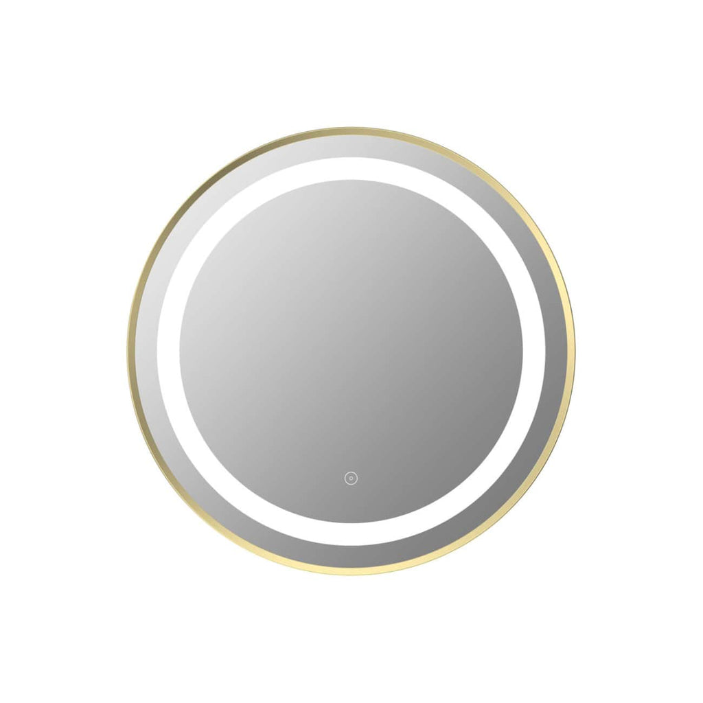 Sleek circular backlit LED mirror with gold trim, ideal for modern bathroom décor, providing bright, even illumination and a stylish focal point for grooming and reflection.
