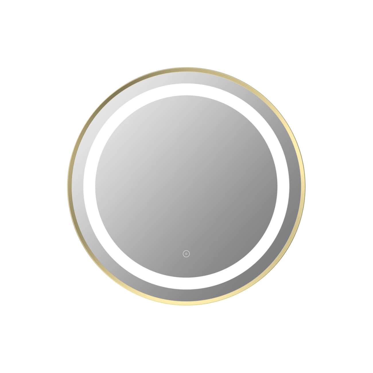 Sleek circular backlit LED mirror with gold trim, ideal for modern bathroom décor, providing bright, even illumination and a stylish focal point for grooming and reflection.