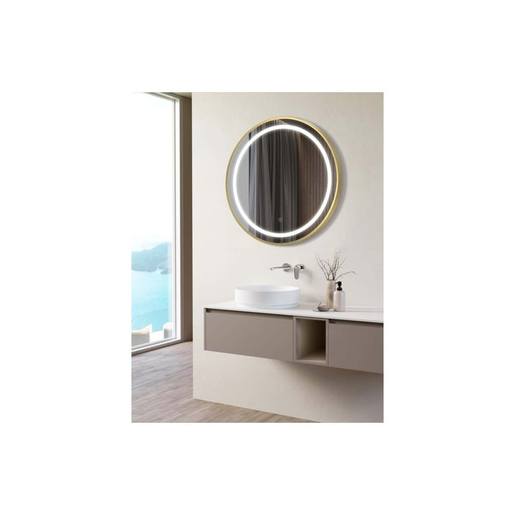 Sleek modern bathroom vanity with a round illuminated mirror, minimalist sink, and contemporary decor, perfect for stylish bathroom renovations and interior design.