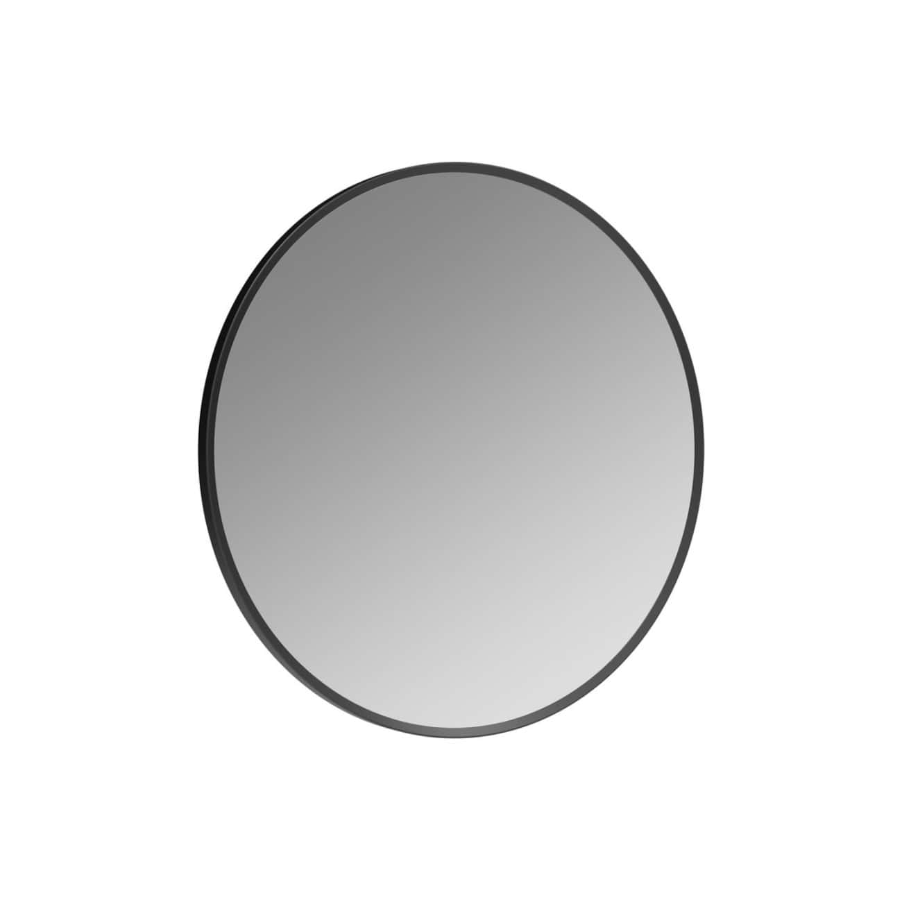 Sleek round bathroom mirror with a black frame, ideal for modern bathroom decor and vanity areas, providing functional style and reflective elegance.
