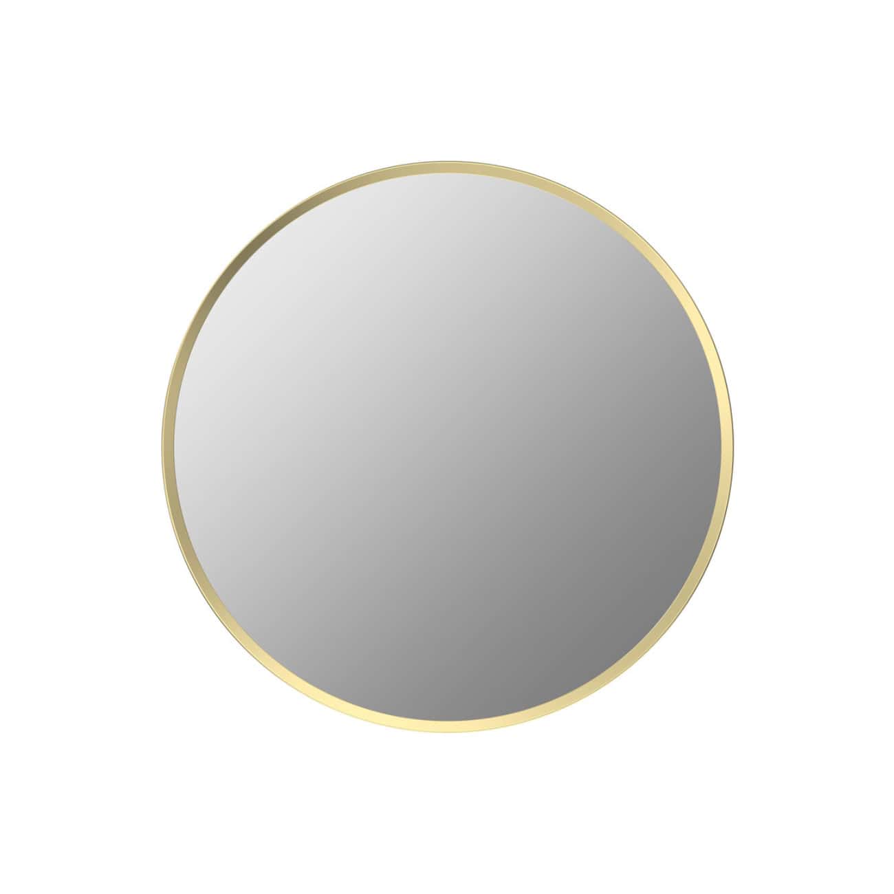 Reflective round mirror with a sleek gold frame, ideal for modern bathroom decor and space enhancement. Perfect for stylish and functional bathroom settings.