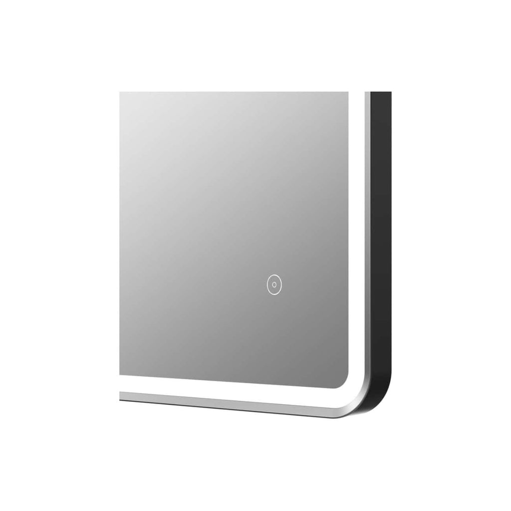 Sleek modern bathroom mirror with LED lighting and touch sensor, ideal for contemporary bathroom designs for enhanced lighting and style.