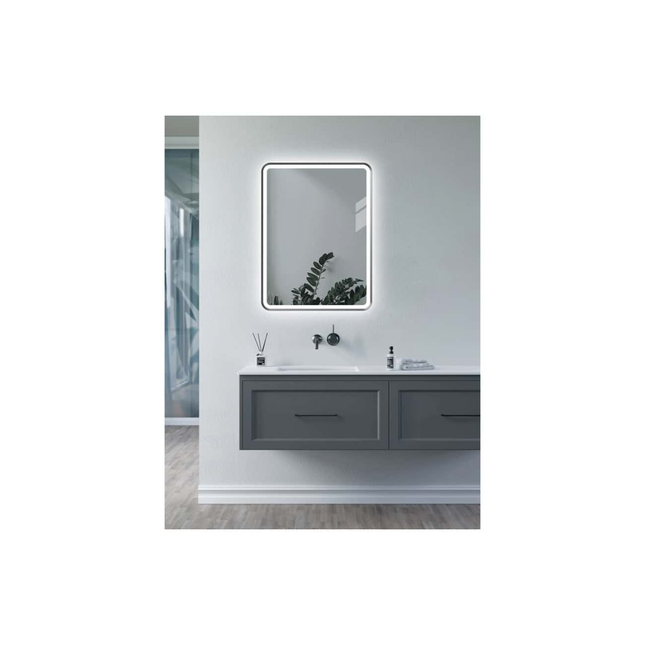 Bright modern bathroom with a sleek floating grey vanity, illuminated mirror, and minimalist decor, ideal for contemporary Bubly Bathrooms styles focusing on elegance and functionality.