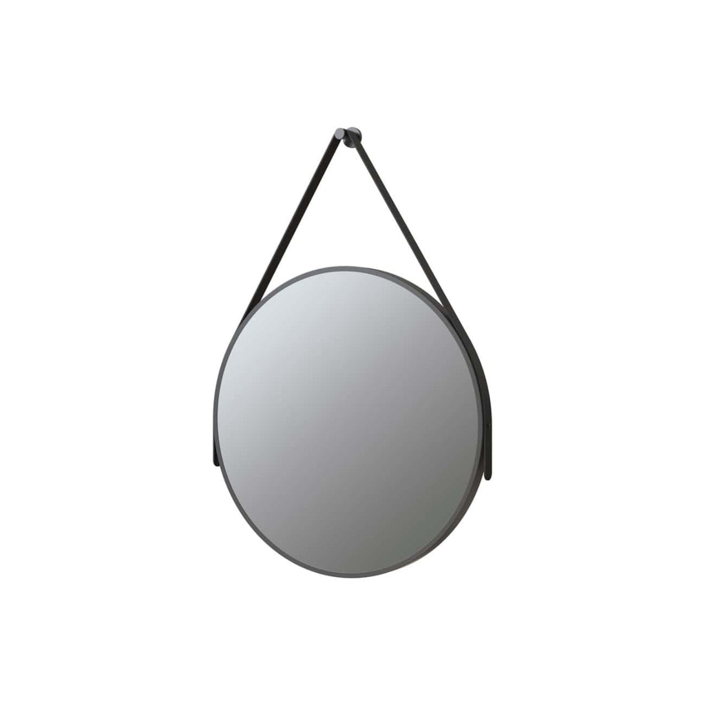 Reflective round mirror with black leather strap hanging on a white wall, stylish bathroom decor element, perfect for modern and minimalist bathroom design, enhances space and light.