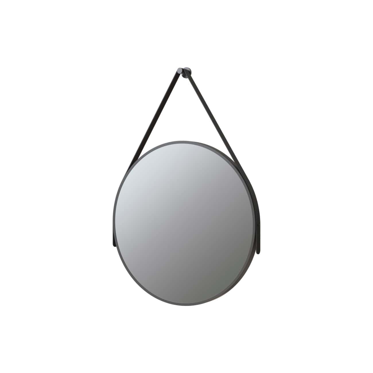 Reflective round mirror with black leather strap hanging on a white wall, stylish bathroom decor element, perfect for modern and minimalist bathroom design, enhances space and light.