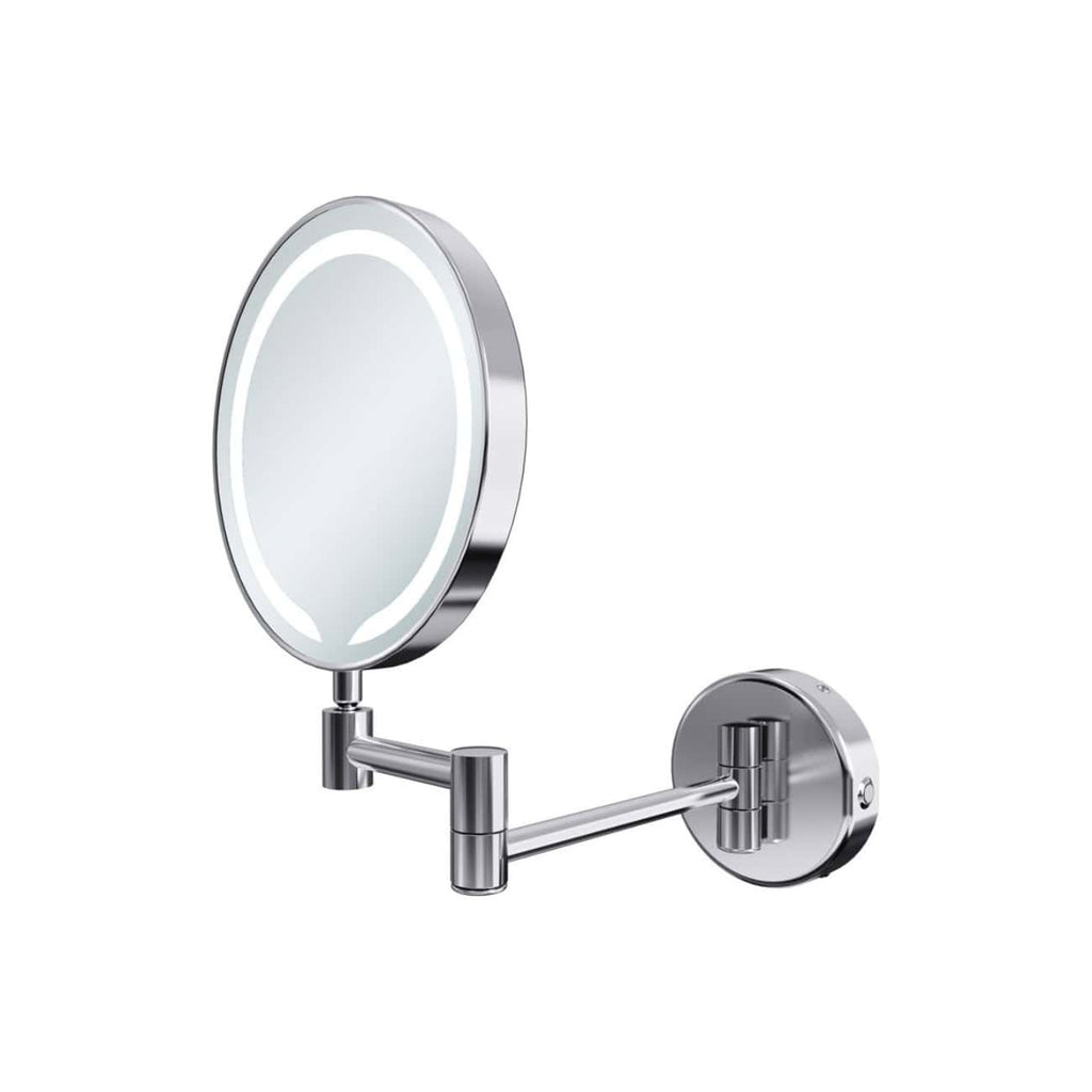 Modern chrome wall-mounted magnifying bathroom mirror with LED lighting for grooming and skincare. Ideal for compact, stylish bathroom decor and personal grooming routines. Perfect for close-up makeup application.