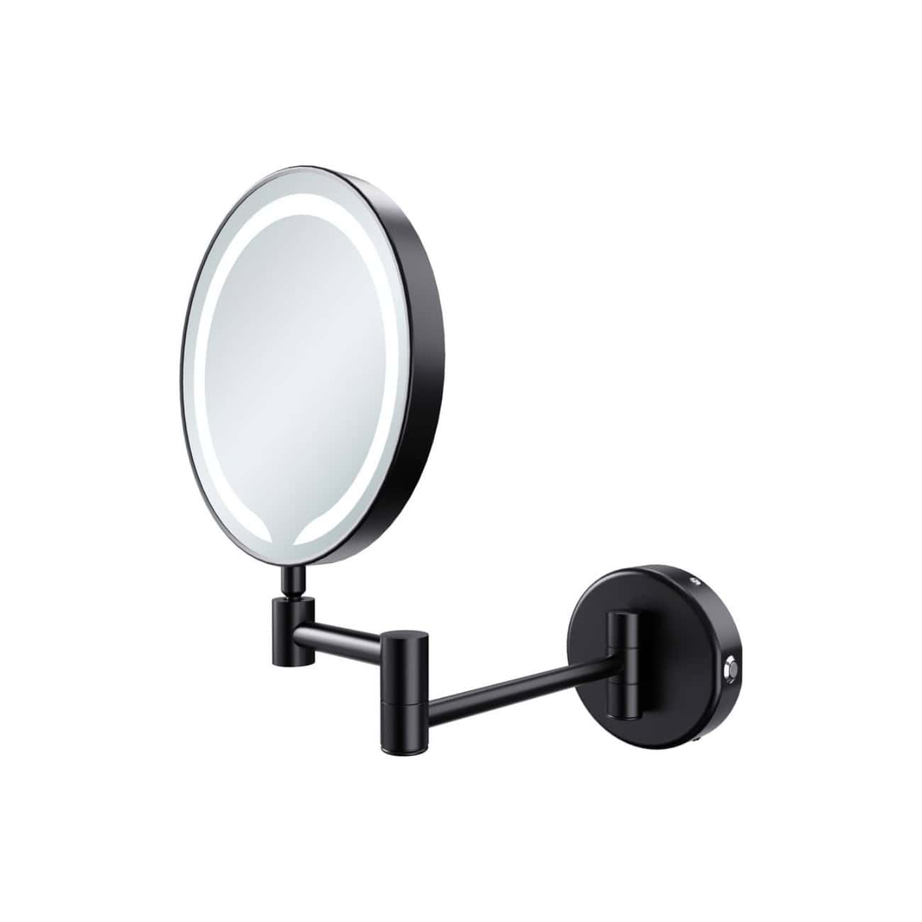 Vertical wall-mounted magnifying mirror with LED lighting and black finish for modern bathrooms. Ideal for grooming and skincare routines. Durable and stylish, perfect for contemporary bathroom decor.