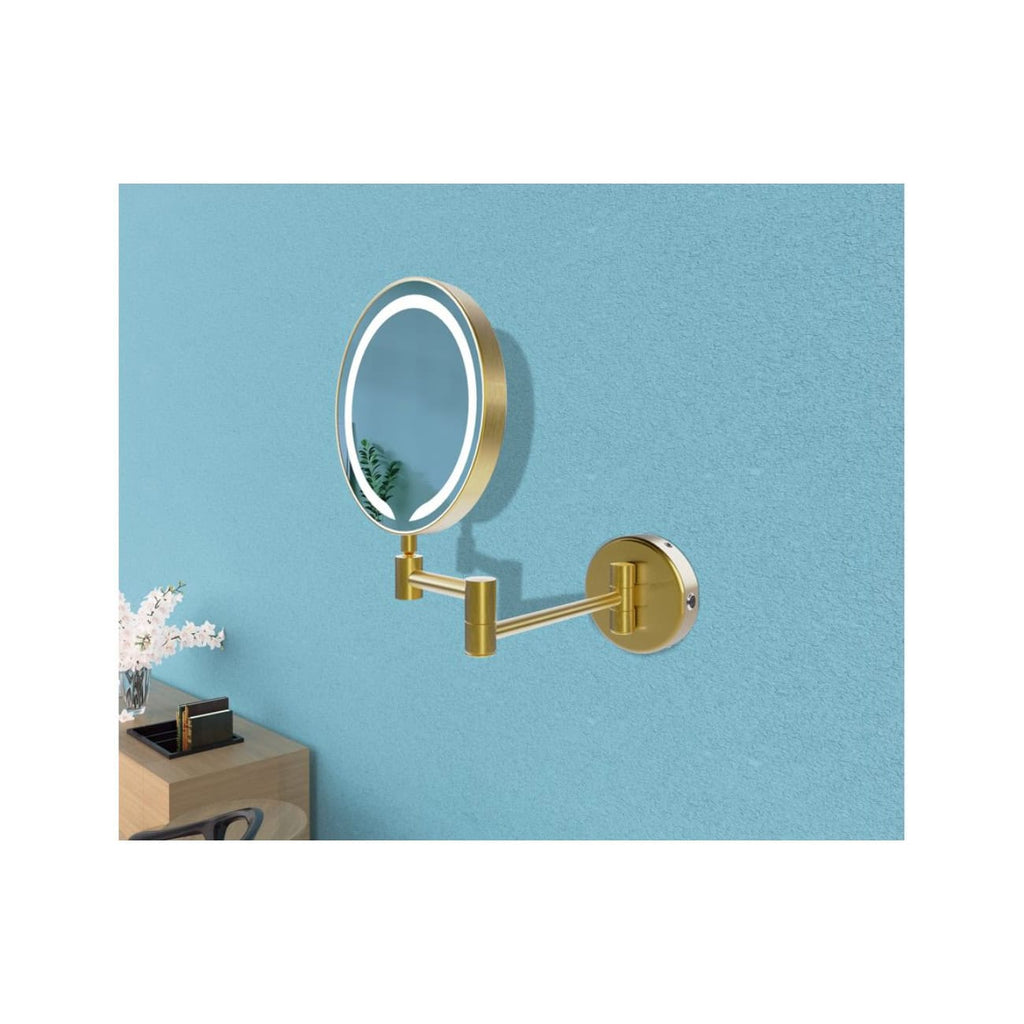 Sleek gold wall-mounted magnifying mirror with LED lighting, ideal for modern bathroom or vanity setups, enhancing grooming and personal care.