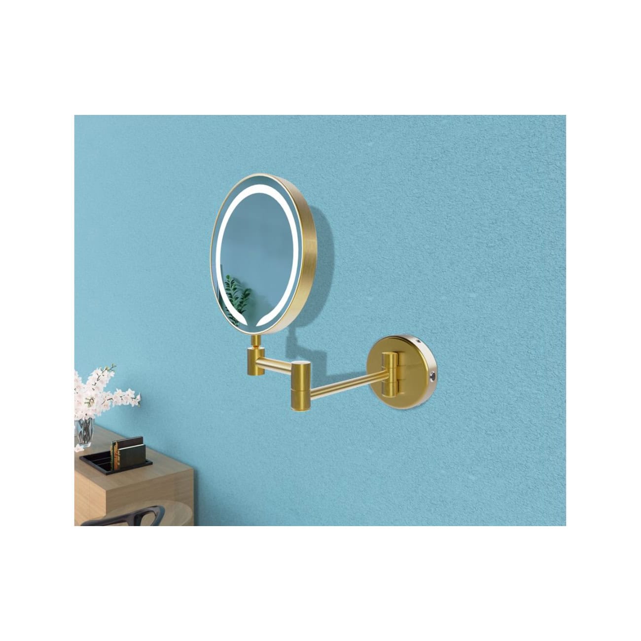 Sleek gold wall-mounted magnifying mirror with LED lighting, ideal for modern bathroom or vanity setups, enhancing grooming and personal care.