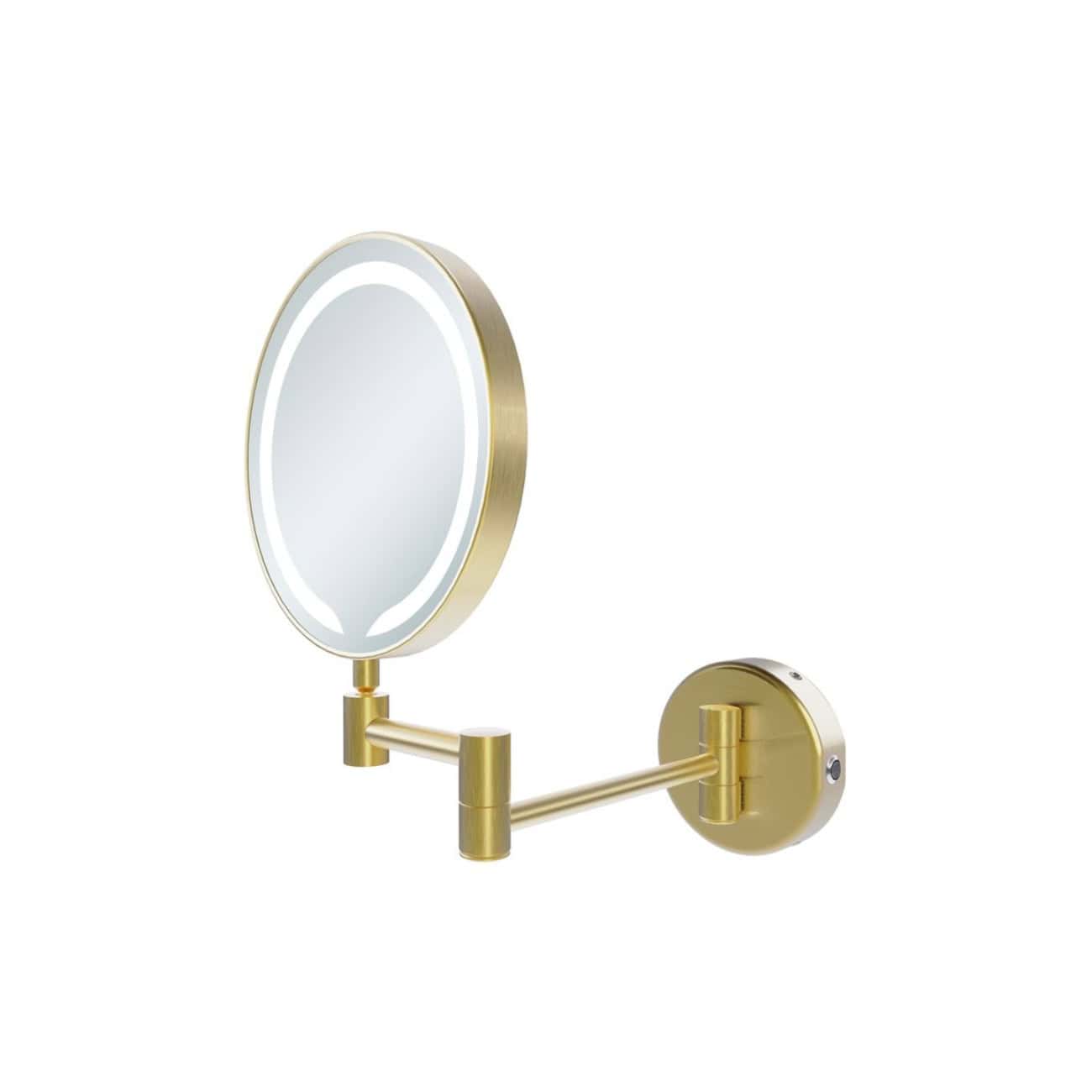 Polished gold framed LED magnifying wall mirror, versatile bathroom accessory, ideal for grooming routines, modern design, and functional elegance. Perfect for contemporary bathroom interiors.