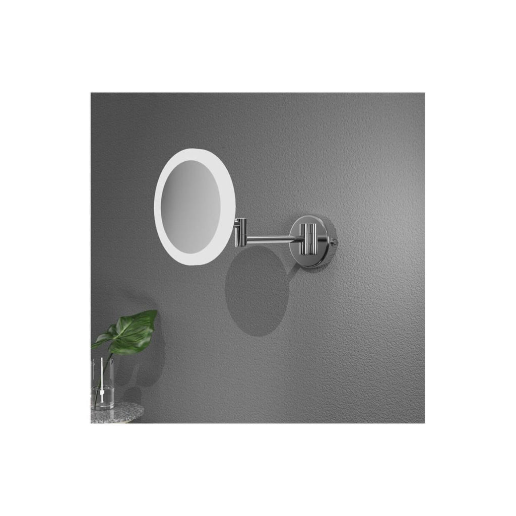 Elegant magnifying wall mirror with LED lighting for modern bathrooms, showcasing sleek chrome finish and space-saving design. Perfect for grooming and style enhancement in contemporary bathrooms.