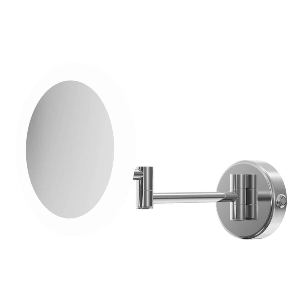 Mirror with adjustable arm for modern bathroom vanity or wall-mount installation. Features a sleek, minimalistic design with a polished chrome finish, ideal for contemporary bathroom décor.