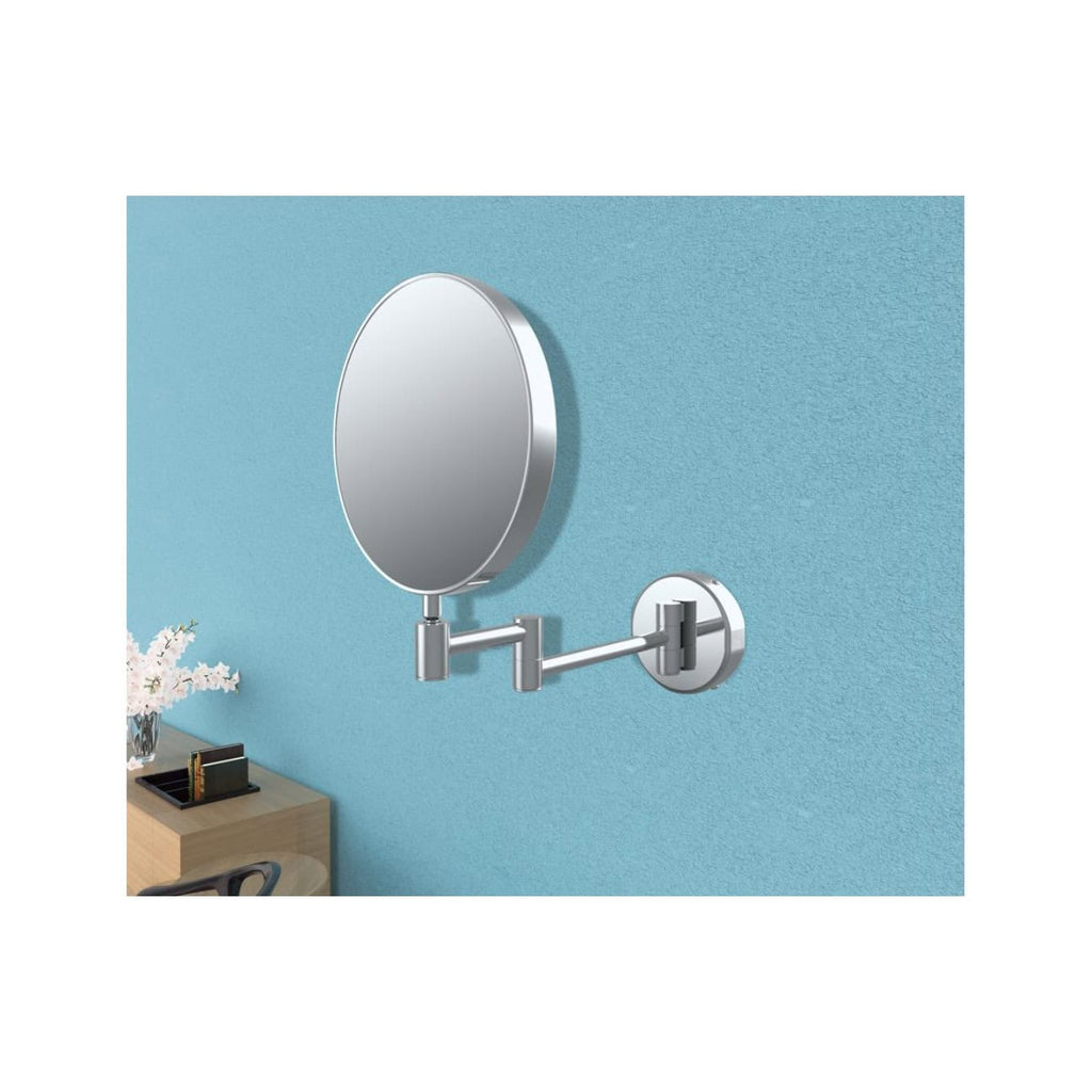 Bright modern adjustable wall-mount bathroom mirror with a round shape, sleek silver finish, and extendable arm for convenience, installed on a pastel blue textured wall.