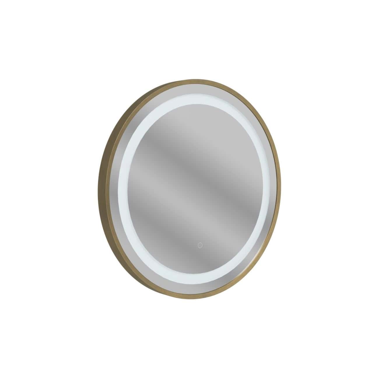 Sleek round bathroom mirror with integrated LED lighting, bronze finish frame, ideal for modern contemporary bathrooms, enhances space and provides functional illumination.