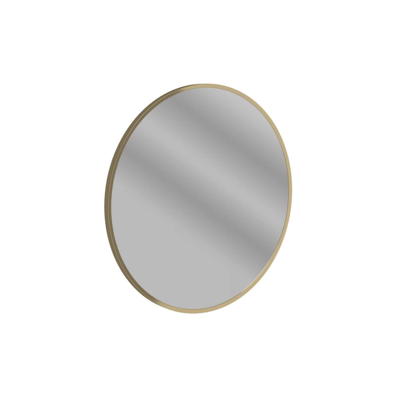 Sleek round bathroom mirror with a modern brass frame, perfect for contemporary bathroom decor. Reflects light to make your space appear larger and brighter. Ideal for homes and hotels.