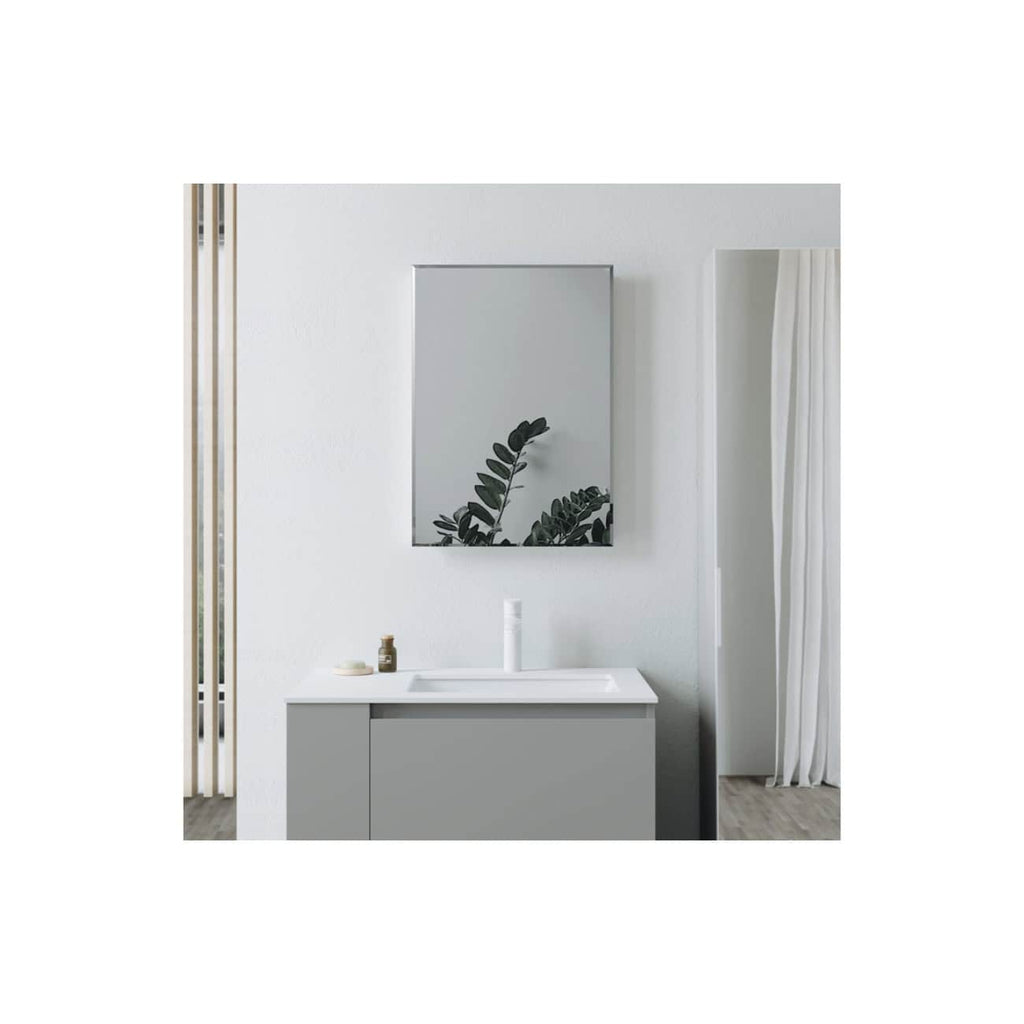 Modern minimalist bathroom vanity with a sleek grey cabinet and white sink, complemented by a large wall mirror and elegant decor, designed for contemporary stylish bathrooms.
