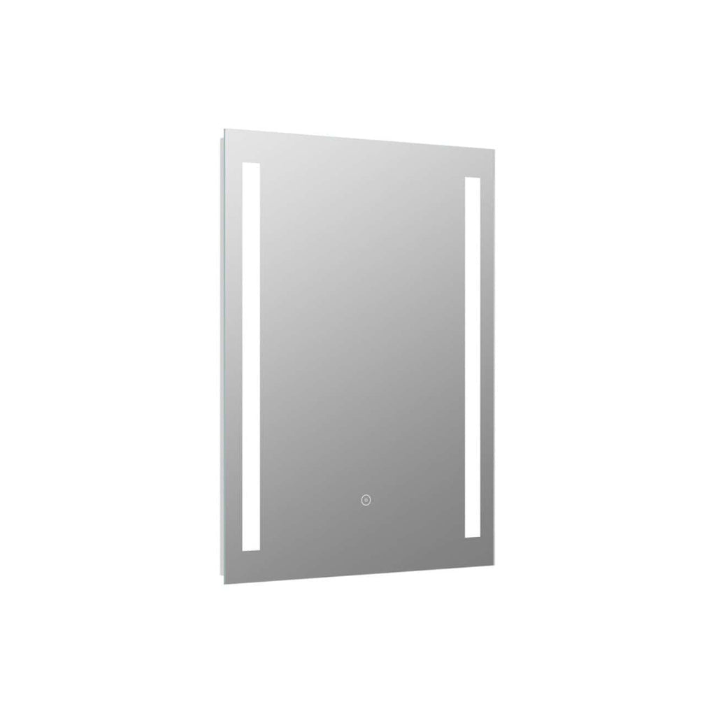 Sleek modern illuminated bathroom mirror with integrated LED lights and touch sensor, perfect for contemporary bathroom settings. Ideal for grooming and styling with energy-efficient lighting.