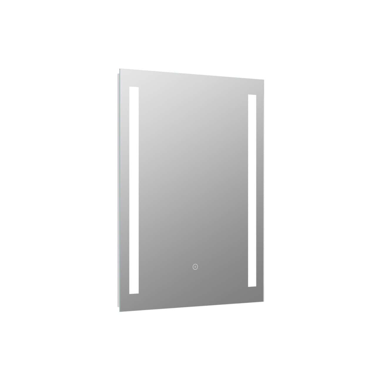 Sleek modern illuminated bathroom mirror with integrated LED lights and touch sensor, perfect for contemporary bathroom settings. Ideal for grooming and styling with energy-efficient lighting.