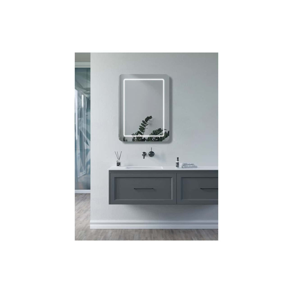 Sleek modern bathroom vanity with a dark grey cabinet, integrated white sink, and a stylish rectangular backlit mirror, creating a contemporary and functional bathroom space.