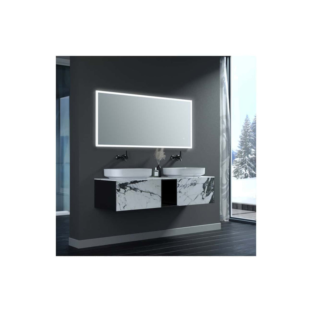 Contemporary bathroom vanity with double marble sinks and illuminated mirror, sleek black and white design, perfect for modern bathrooms with stylish fixtures and city or mountain view.