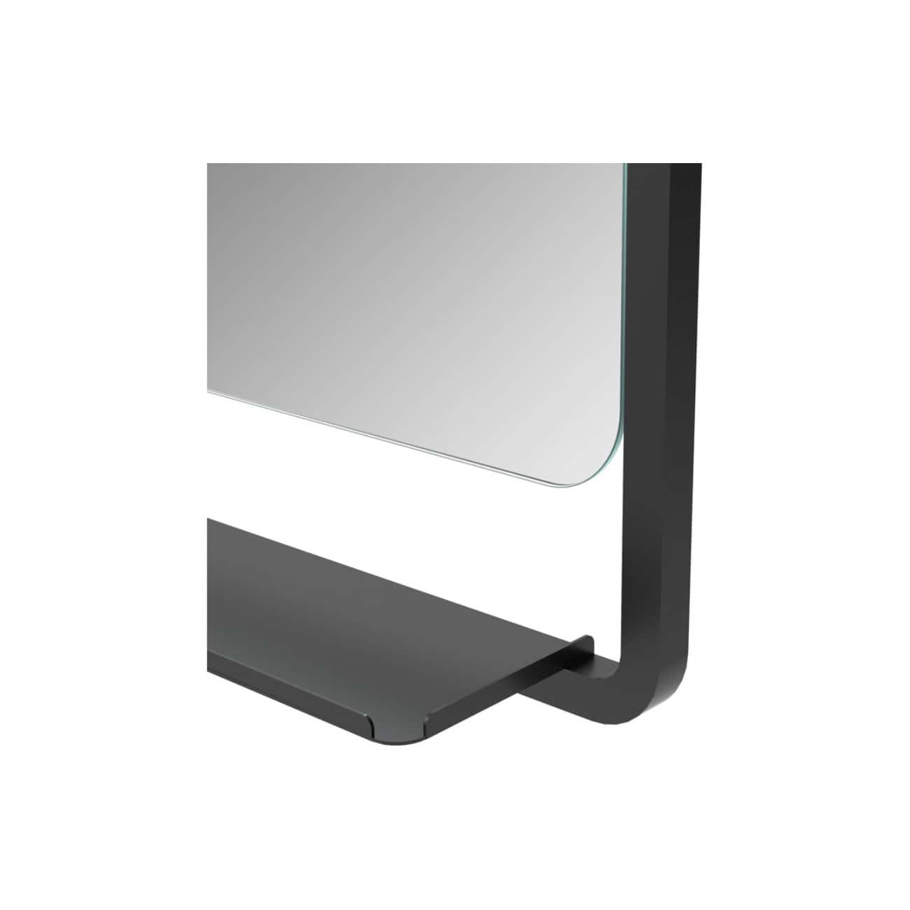 Sleek black bathroom mirror with integrated shelf and modern curved design, ideal for contemporary bathroom decor. Durable, stylish, and functional for last-minute essentials.