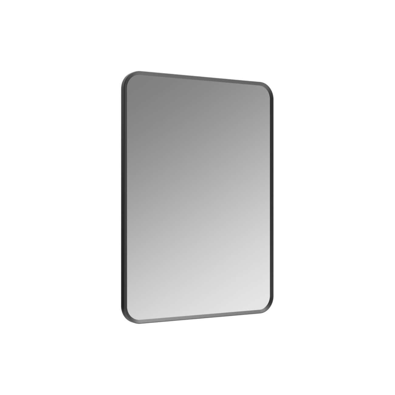 Sleek modern bathroom mirror with rounded edges, minimalist design, ideal for contemporary bathroom decor and enhancing natural light in the space.