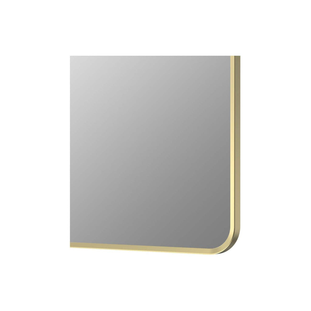 Sleek modern bathroom mirror with gold trim, stylish design ideal for contemporary bathrooms and vanity areas. Perfect for enhancing space and adding elegance.