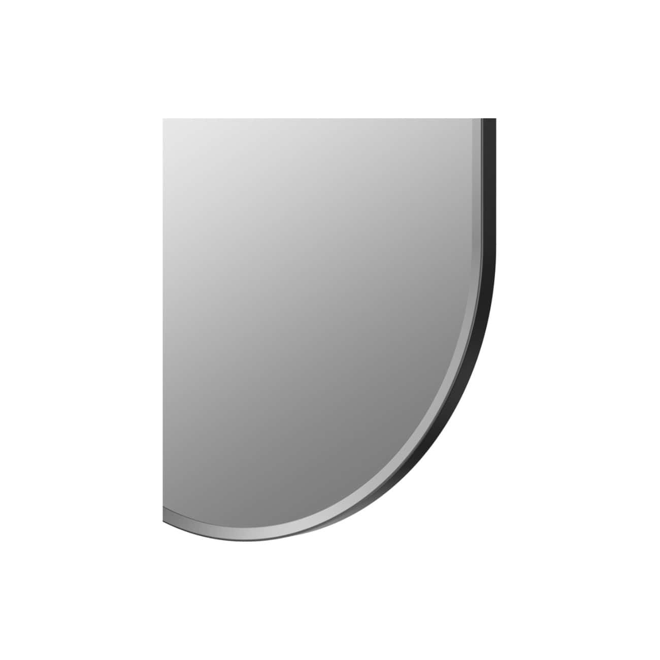 Futuristic silver bathroom mirror with sleek curved edge design, modern and stylish wall-mounted mirror for contemporary bathroom decor.