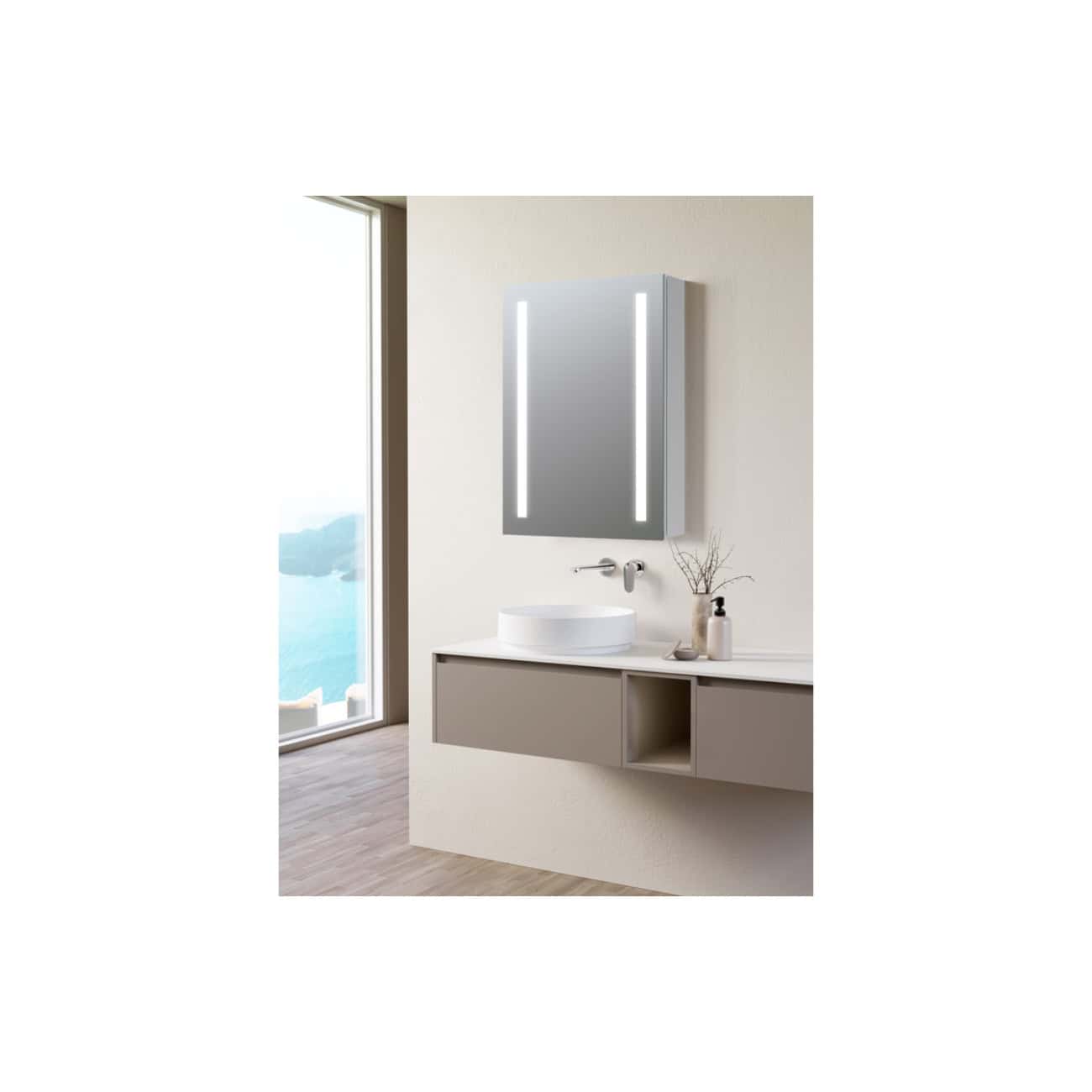 Modern bathroom vanity with integrated sink and illuminated mirror, minimalist design, neutral tones, perfect for contemporary bathroom interiors.