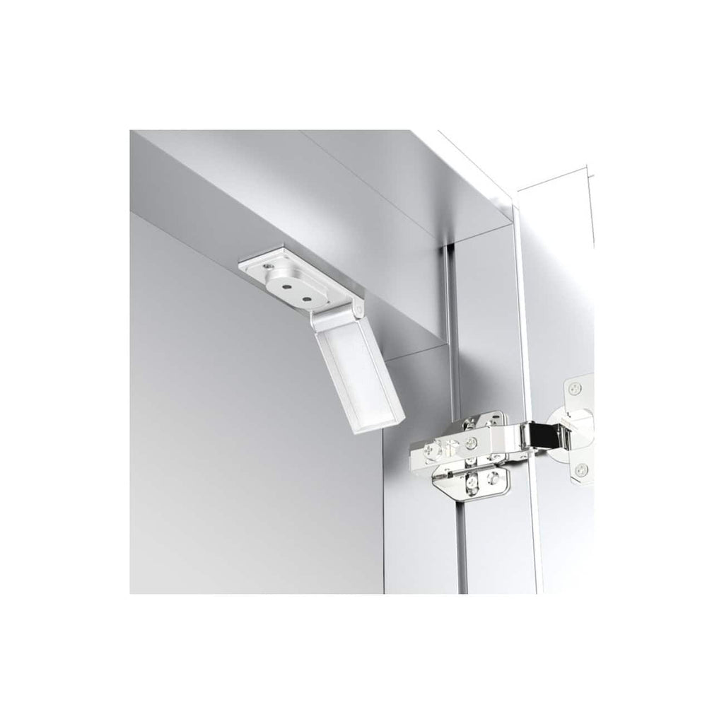 High-quality close-up of a stainless steel bathroom cabinet hinge with a soft-close mechanism, designed for modern bathroom furniture by Bubly Bathrooms UK.