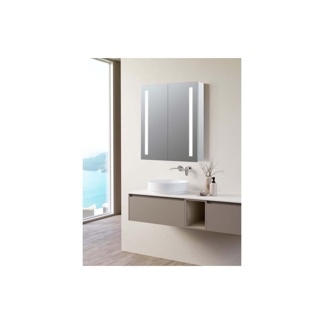 Sleek modern bathroom vanity with illuminated mirror, minimalist sink, and neutral-toned cabinetry, perfect for contemporary bathroom design.