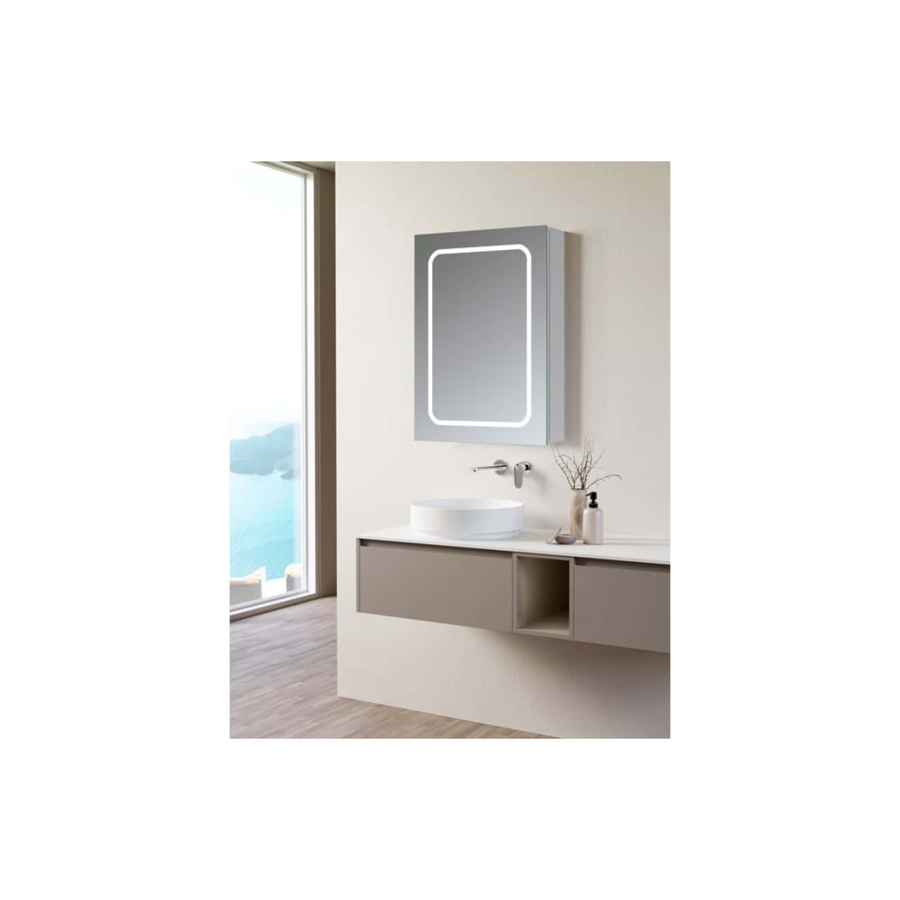 Sleek modern bathroom vanity featuring a round vessel sink, minimalist wall-mounted faucet, illuminated mirror, and stylish floating cabinet with open storage; perfect for contemporary bathroom design.