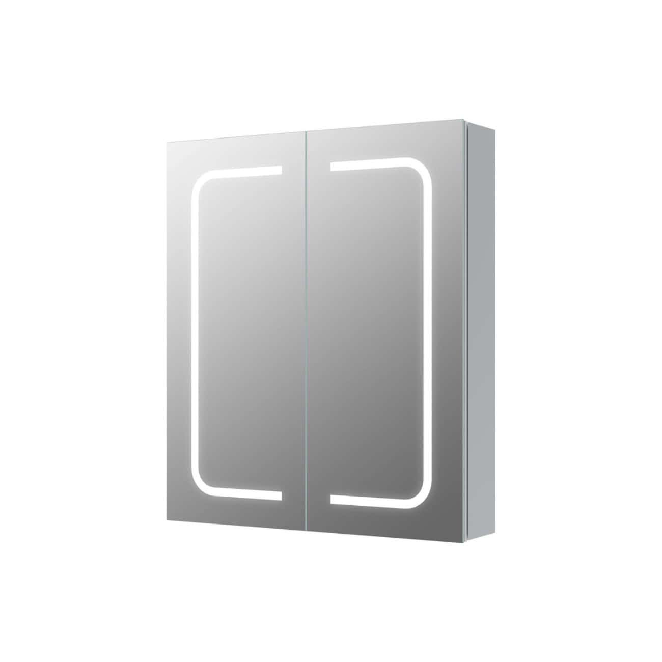 Sleek modern illuminated bathroom mirror cabinet with LED lighting, ideal for contemporary bathroom design and storage solutions.