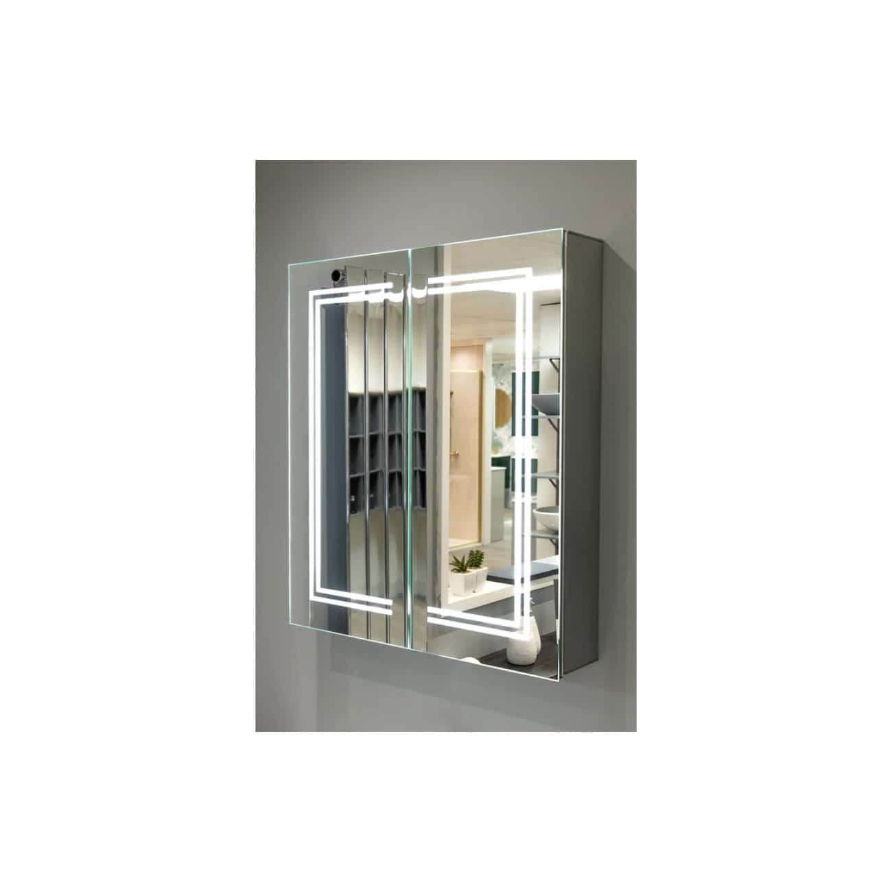 Contemporary LED illuminated bathroom mirror cabinet with built-in lighting and storage, perfect for modern bathrooms and vanity areas.