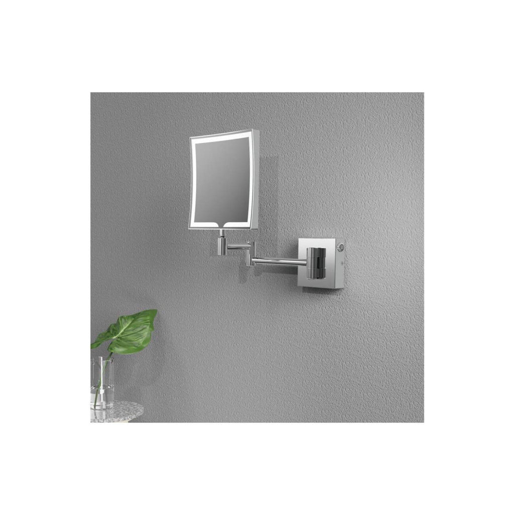 Flexible magnifying mirror with illuminated LED frame, wall-mounted for bathroom grooming and skincare. Modern design with adjustable arm for convenience. Ideal for compact and stylish bathroom spaces.