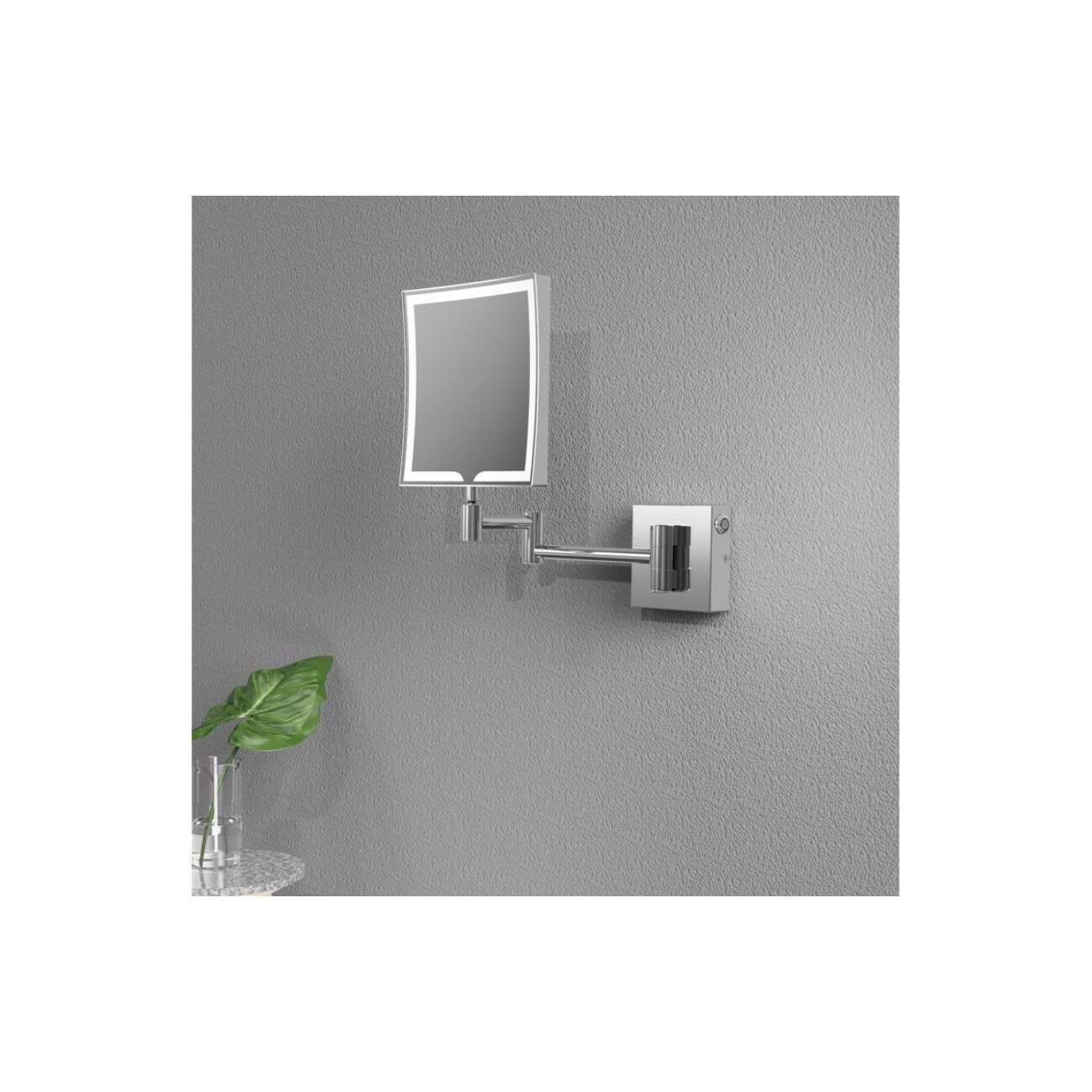 Flexible magnifying mirror with illuminated LED frame, wall-mounted for bathroom grooming and skincare. Modern design with adjustable arm for convenience. Ideal for compact and stylish bathroom spaces.